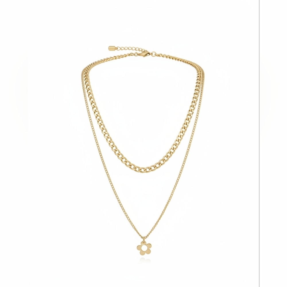 Gold Tone Multi Layer Dainty Chain Necklace Floral Pendant Minimalist Bohemian